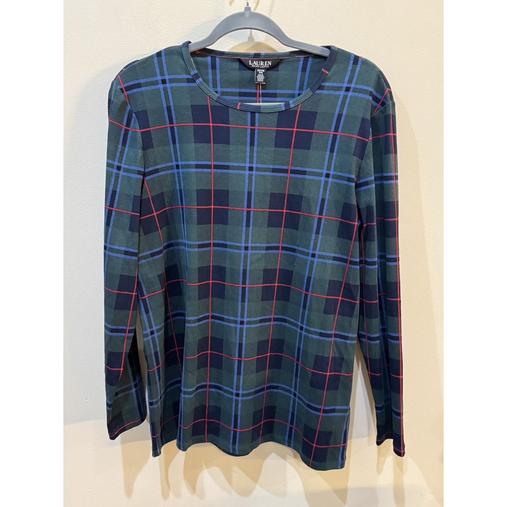 Lauren Ralph Lauren Plaid Stretch Long Sleeve Tee In Green Blue & Red Size 2X - Picture 2 of 9